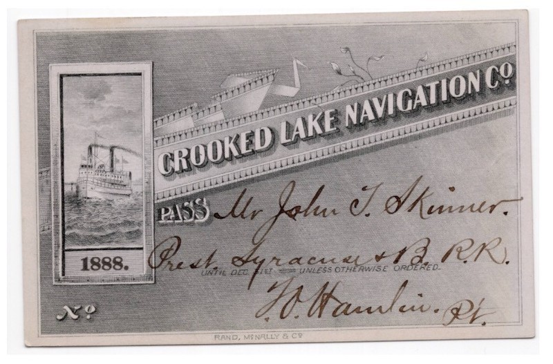 1888 Crooked Lake Navigation Co. New York Annual Pass signed by T. O. Hamlin