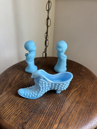 Blue Slag Fenton Shoe And Fenton Blue Boy And Girl