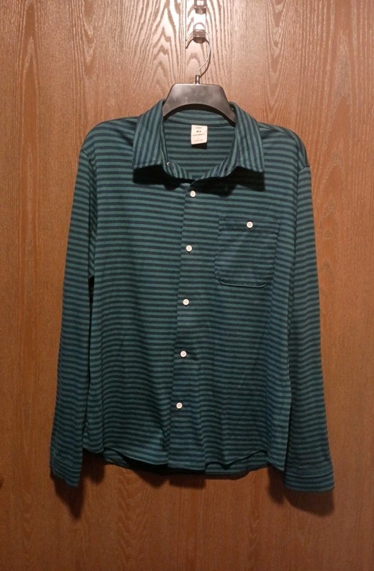 Free Assembly Top L Blue Green Striped Button Up Stretch Long Sleeves Pocket