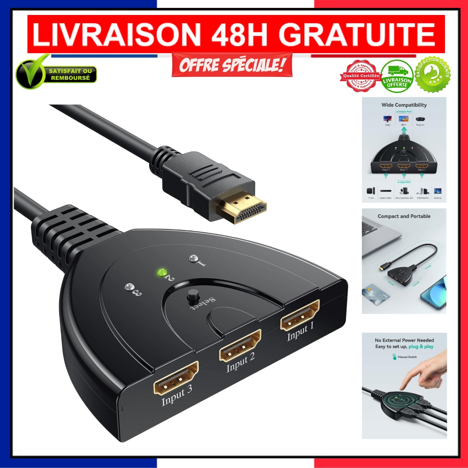 Sélecteur HDMI 3 en 1 GANA avec commutation automatique 4K