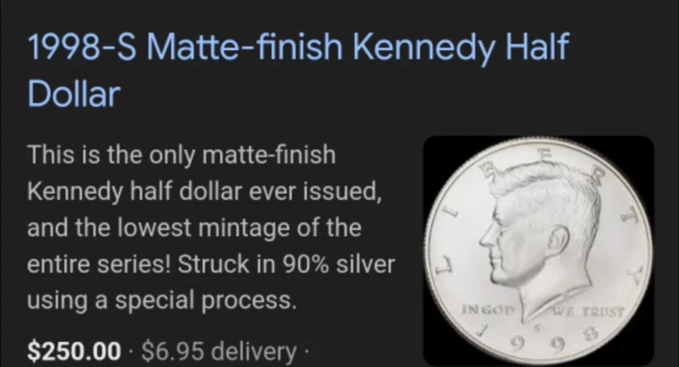Medio dólar Kennedy 1998 S plateado acabado mate acuñación más baja de la historia, en cápsula Foto 4 de 4
