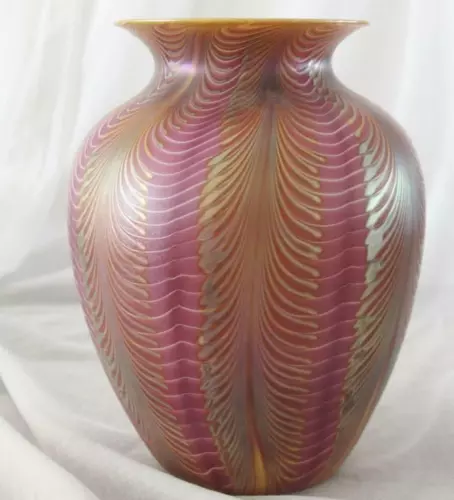Large 11 1/2"  Lundberg Studios Fushia Gold Sea Crest Vase Signed 1990