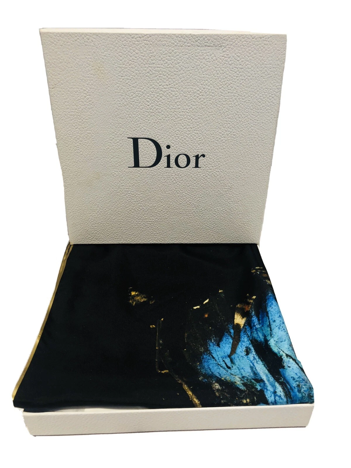 Foulard en soie Christian DIOR by Mat Collishaw 2016 thème teigne bleu noir 21 pouces x 21 pouces