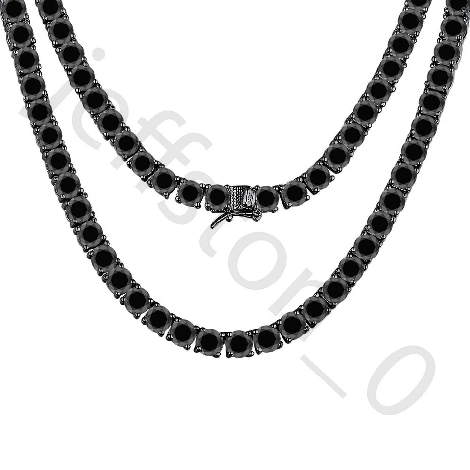 ¡Collar de tenis de 4 mm chapado en oro negro de 14 quilates con diamantes negros creados redondos de 45,72 quilates! Foto 3 de 4