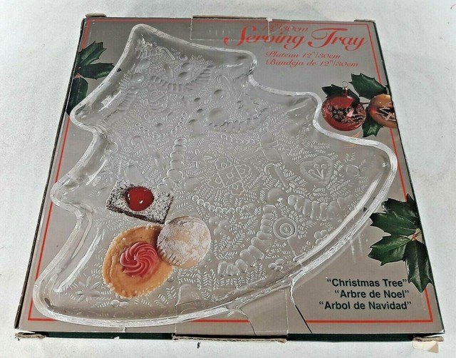 Vtg Indiana Glass 12" Christmas Tree Serving Tray Ornaments Candy Canes
