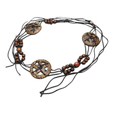 Brown Braided Beaded Wood Coconut Shell Tie Belt Fringe Vintage Boho