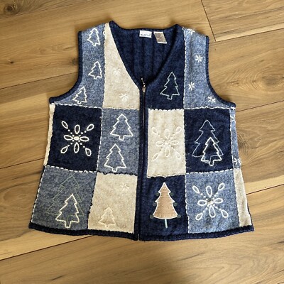 North Crest Womens Small S Sweater Vest Zip Up Winter Trees Embroidered