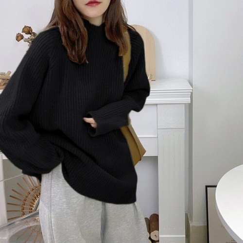 Women Half High Neck Pullover Loose Knitted Sweater Long Sleeves Jumper Tops