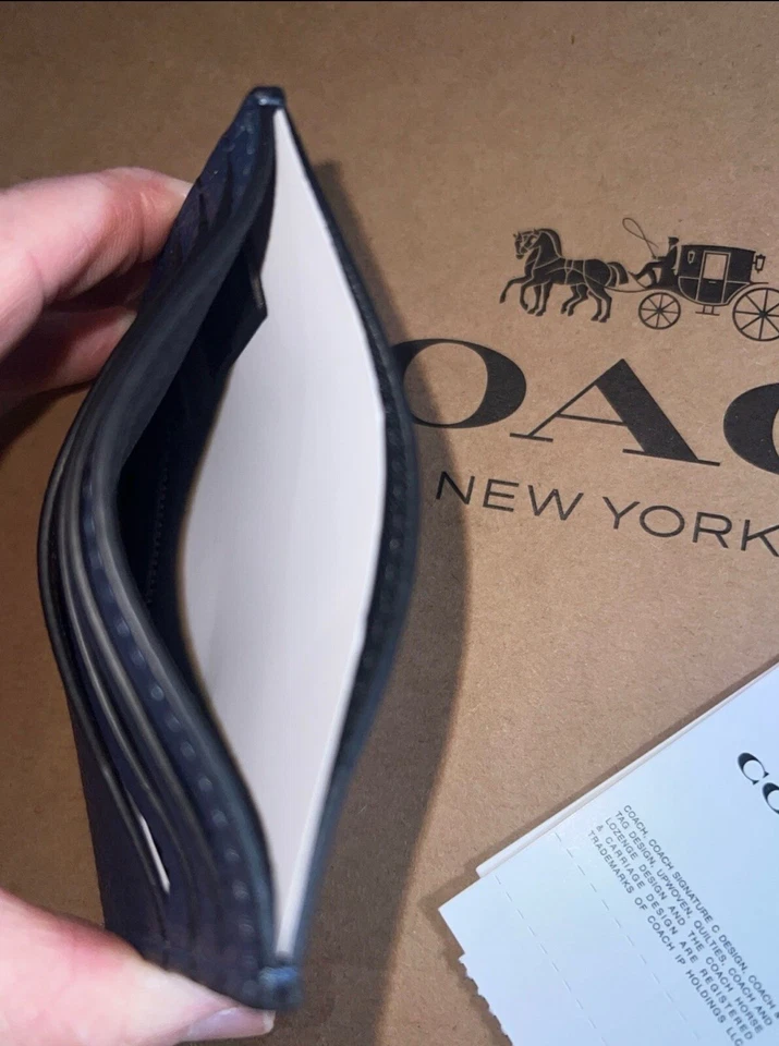 NUEVO CON ETIQUETAS COACH Delgado Estuche para Tarjetas de Identificación Cartera en Cuero Guijarro Refinado Azul Profundo CP209 Foto 3 de 3