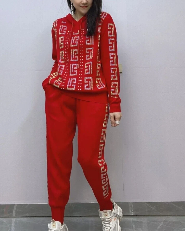 Nuevo conjunto de 2 piezas de chándal tejido con diamantes de imitación de lujo para mujer Foto 4 de 4