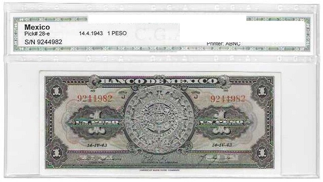 MEXICO - BANCO DE MEXICO  1 PESO  SERIES J  P-28e  1943   UNCIRCULATED