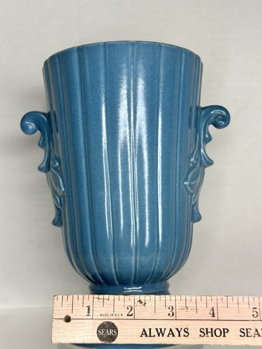 Vtg Red Wing pottery blue w/cream interior vase double handles USA 1362 - Picture 7 of 8