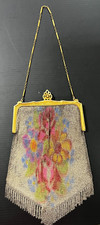 ANTIQUE WHITING AND DAVIS CHAIN MESH PURSE WITH FLOWERS