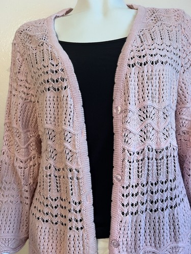 Blair Cardigan Large Pink Button Front Open Crochet Knit Cotton 3/4 Sleeves - Picture 3 of 8