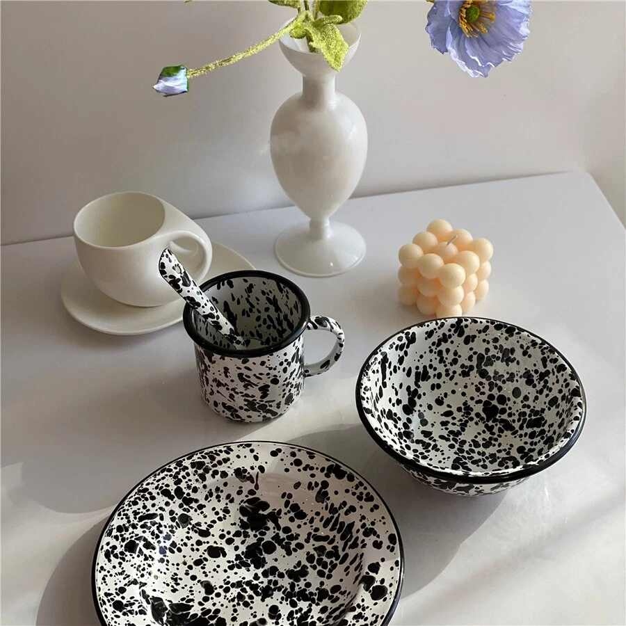 Emaille Marmor Salat Schüssel Teller Löffel Becher Tasse Handbemalt Essen Küche - Bild 2 von 4