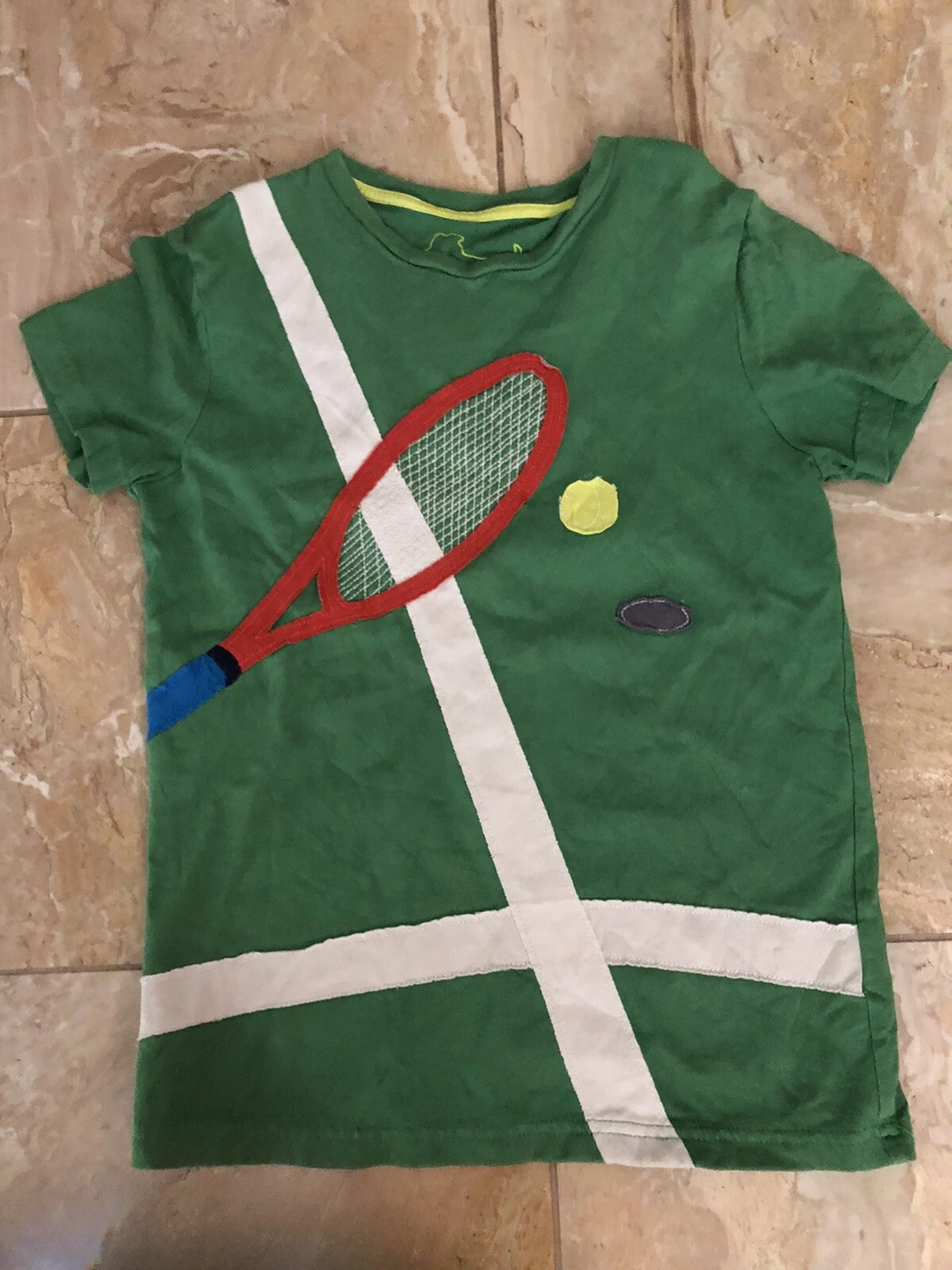 Mini Boden Boys 9-10 Y Tennis Ball Racket Cotton T-Shirt Green Appliqué