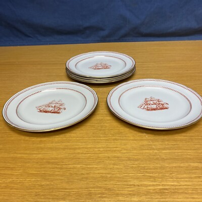 6 Spode England TRADE WINDS RED 7 7/8  Salad Plates w/Gold Trim