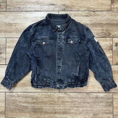 Vintage 80s 90s Bugle Boy Black Acid wash Distressed Denim Bomber