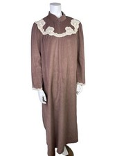 Vintage Vanity Fair Long Velvet Robe Brown Lace House Coat Pockets Size M