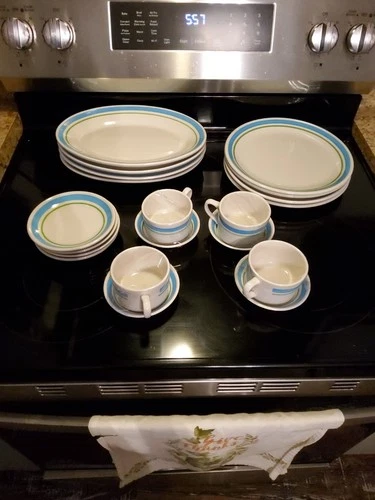 Homer Laughlin Best China Surfside Restaurant Ware Blue & Green Stripe 16 Pieces