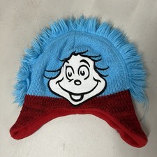 Dr. Seuss Thing 1 Blue Red Fuzzy Beanie Hat One Size Fleece Lined Cap