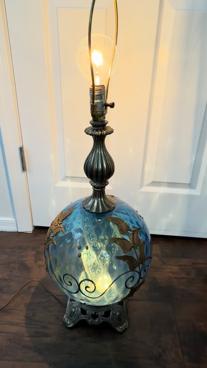 英70s vintage lamp made in England イングランド 1970 EF Industries Hollywood Regency Blue Glass Table Lamp w Gold