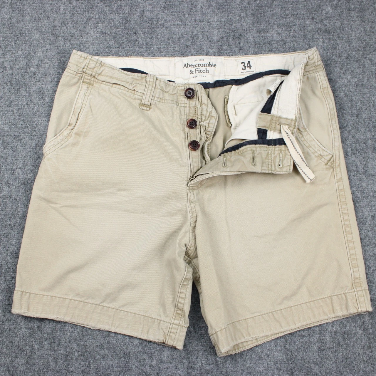 Abercrombie Fitch Khaki Chino Shorts Men 34 Button Fly Drawstring Y2K Distressed