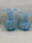 Fenton Pale Blue Melon Set Of 2 Vases With Ruffled Crimped Edge Glass