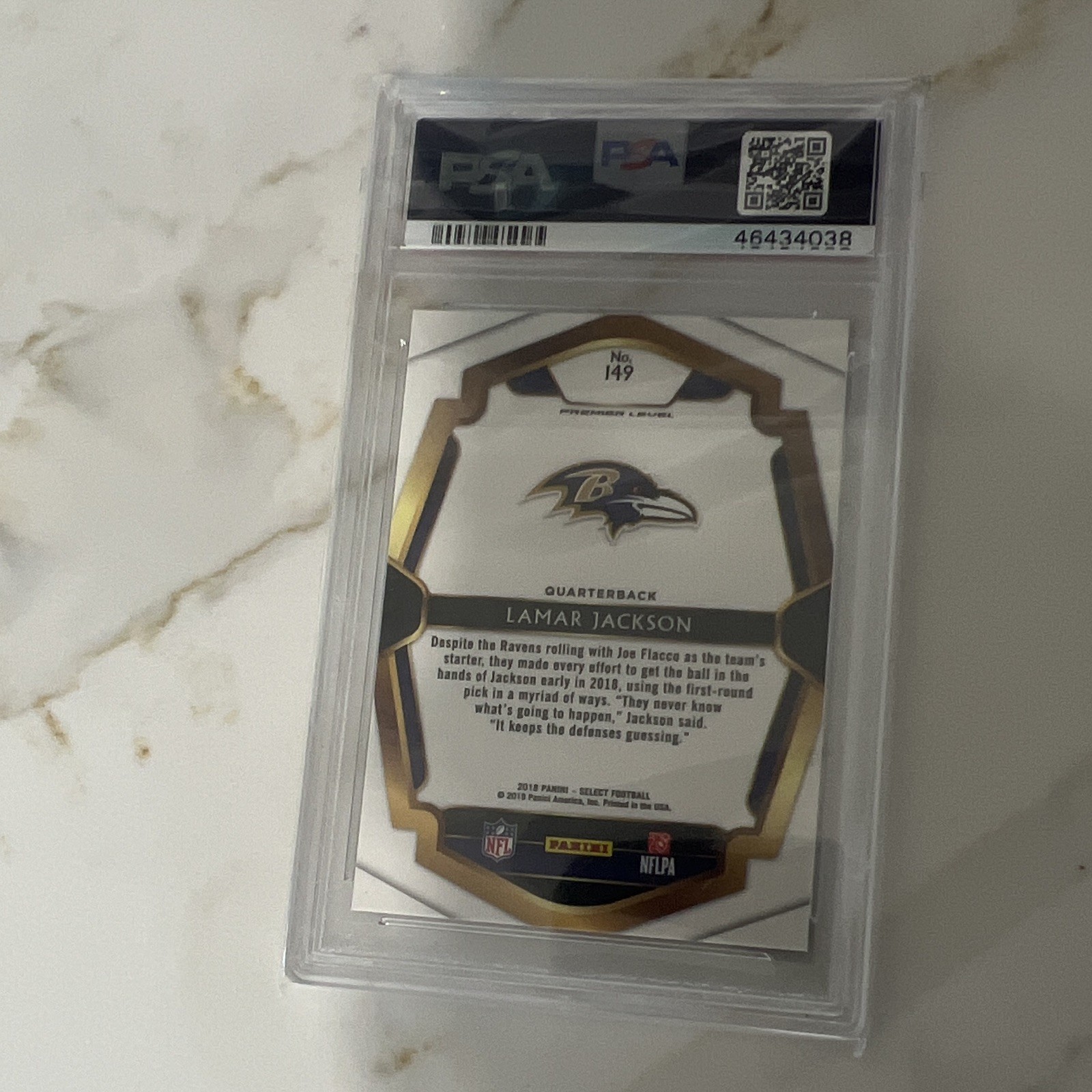 Panini Select 2018 Premier Level Lamar Jackson RC #149 PSA 10 Ravens view 2