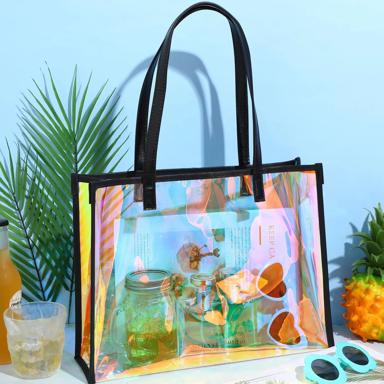 Holographic Clear Tote Bag with Leather Handle for Beach and Bachelorette Events