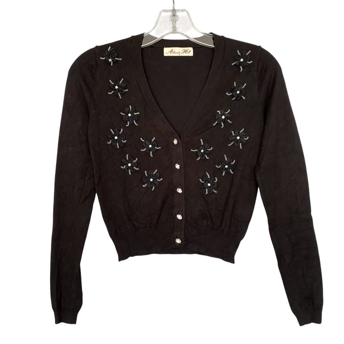Alannah Hill Womens Floral Beaded V-Neck Knit Cardigan Black