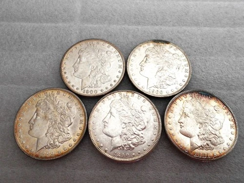 Morgan Silver Dollars Lot of 5 1881-S, 1889, 1890, 2-1900, EF/AU condition