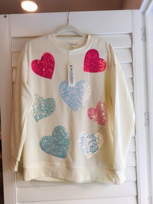 Workshop Republic Clothing Cream Sweater with Pink and Blue Sequin Hearts