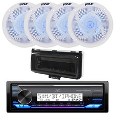 Marine Bluetooth Receiver, 4x 4" 100W Blue Flashing LED Speakers, Cover White 