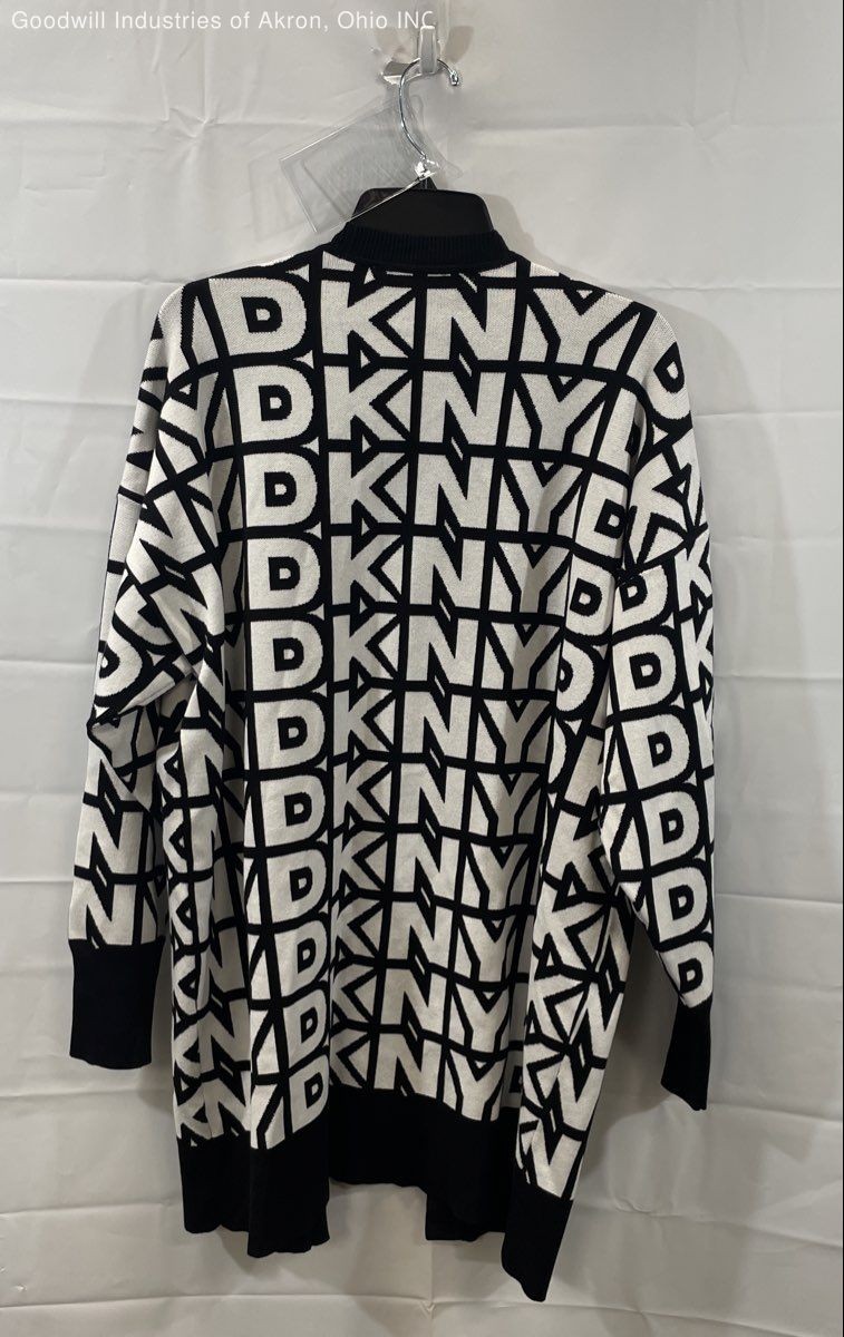 DKNY Women's Allover Logo Jacquard Cardigan Black White NWT Sz L