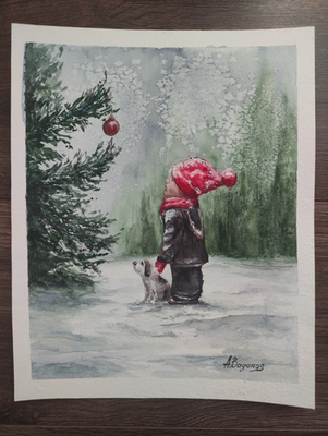 #ad #ad Original Watercolor Painting a Boy with a Dog Winter Landscape Christmas Art $59.00