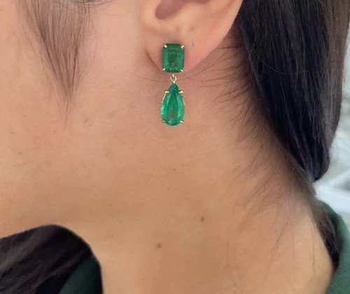 Natural Green Emerald 3.20Ct Pear Cut Drop Earrings 14k Yellow Gold Plated - Picture 4 of 6