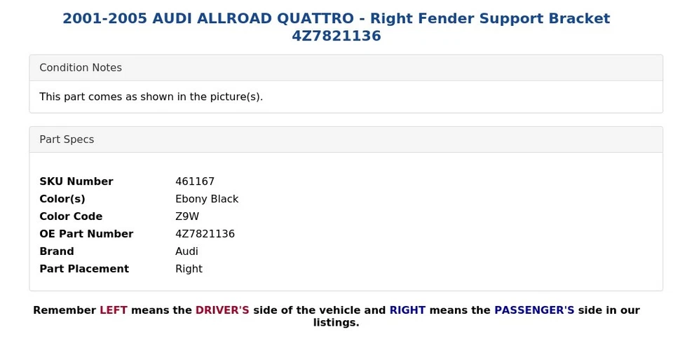 2001-2005 AUDI ALLROAD QUATTRO - Right Fender Support Bracket 4Z7821136 - Image 4 of 4