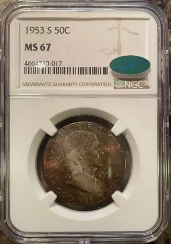 1953 S FRANKLIN SILVER HALF DOLLAR COIN NGC MS67 CAC