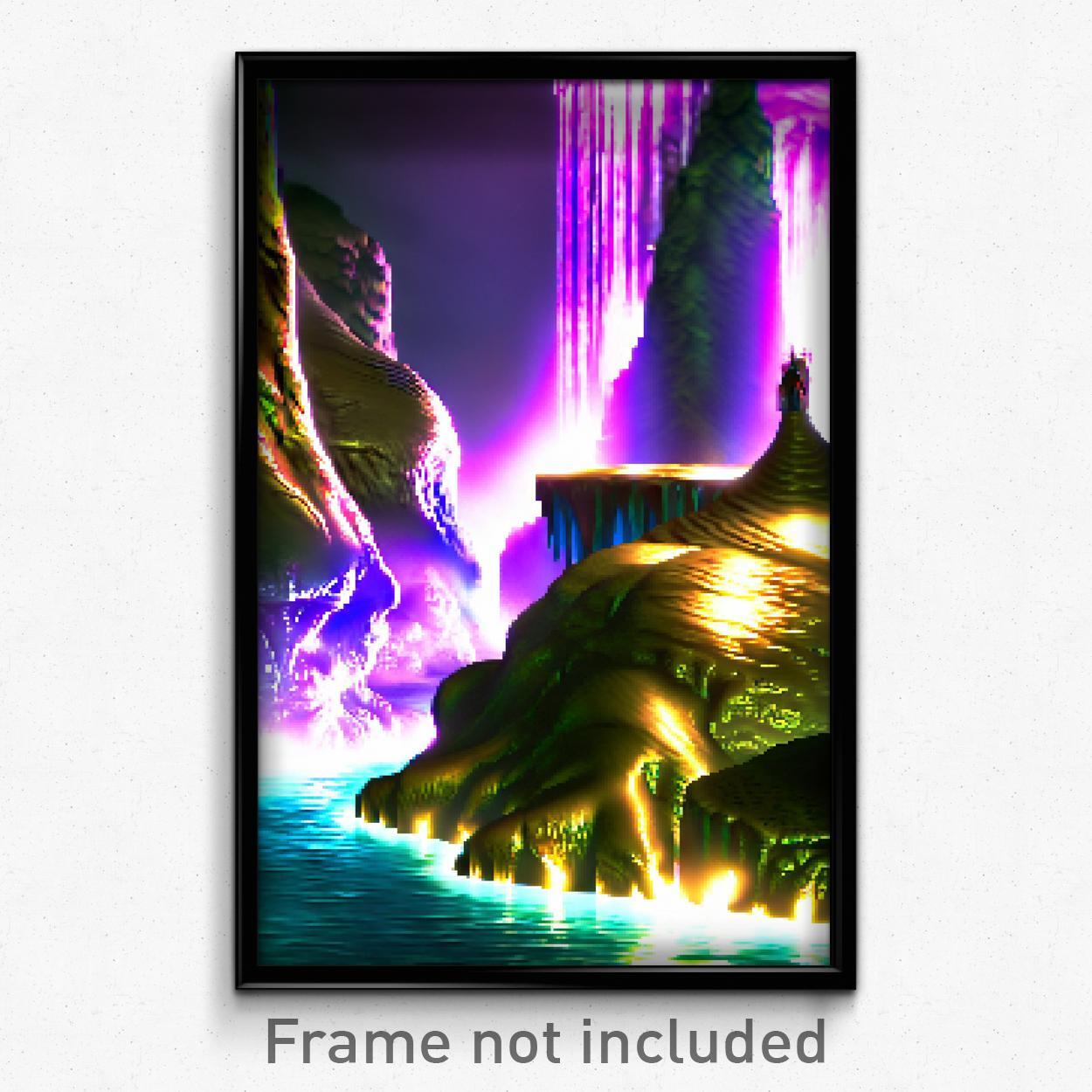 8 Bit Psychedelic Pixel Art Poster - Glossy Cavern Video Game Print