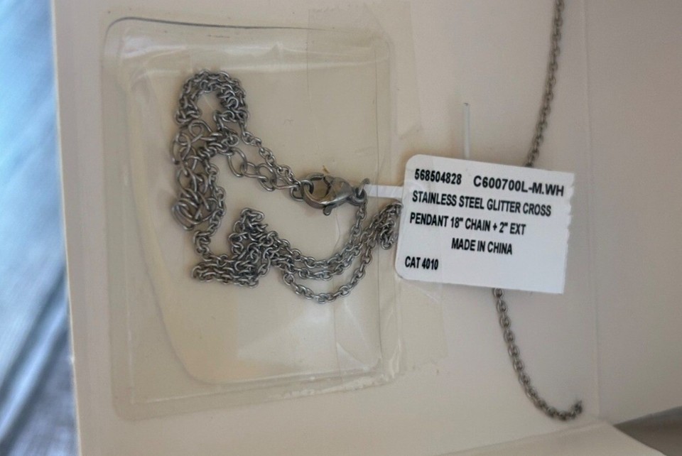 Hallmark Glitter Cross Necklace Silver tone 18” Stainless Stocking
