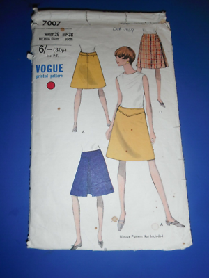 Vogue 7007 Skirt 26 Waist 36 Hip A-Line Knee Length Sewing Pattern