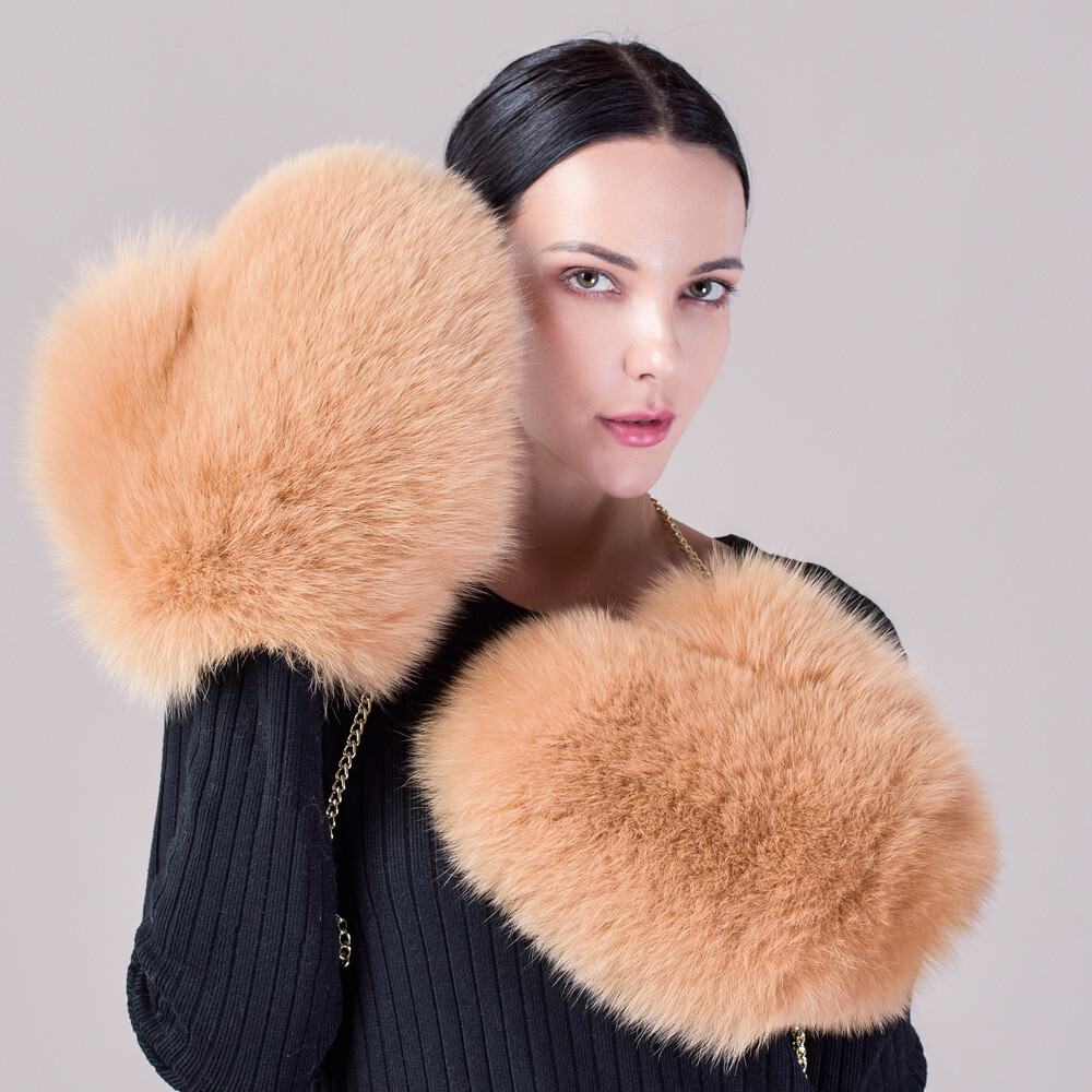 Women's Luxury Real Fox Fur Gloves Warm Fingerless Soft Big Wrist