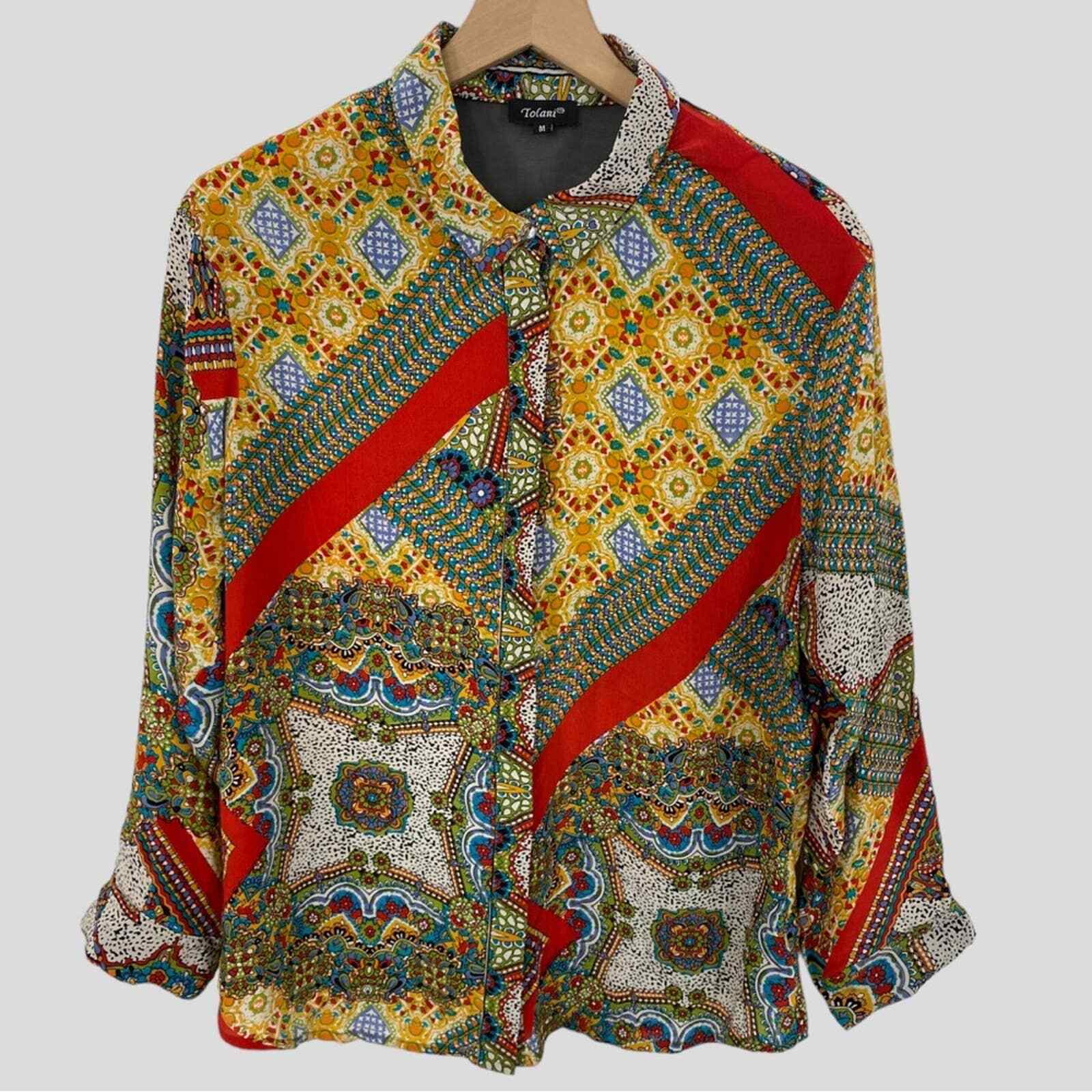 Tolani Multicolor Patchwork Silk Button Down Shir… - image 8