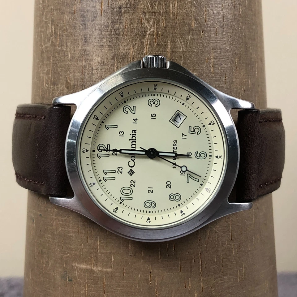 Мужские кварцевые аналоговые часы Columbia CL-7010 Diver Date коричневая кожа 37 мм 8 1/4 дюйма - Изображение 2 из 4