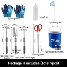 Beach Toy Set with Shovel Rake Net Fodable Bucket Long Pliers and Gloves