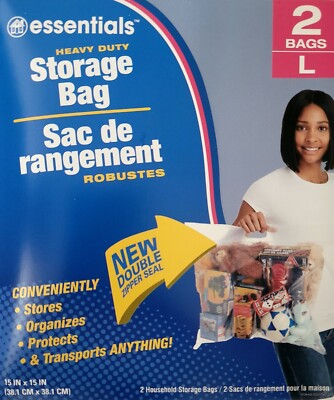 Large Storage Bags Heavy Duty Clear Plastic Zip-Lock w Handle 15 x15  2 Bags/Pk