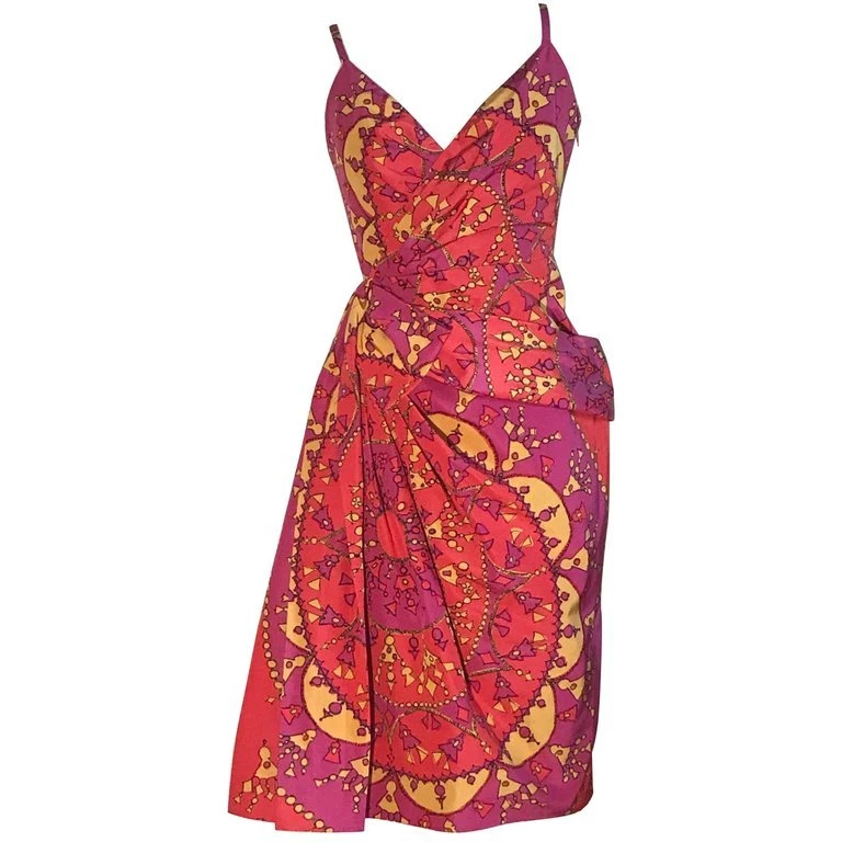 Abito Christian Dior rosa e giallo drappeggiato stampa nappa e catena nuovo con etichette adatto a XS