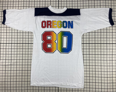 VINTAGE 70s 80s OREGON 80 RINGER T SHIRT M RAINBOW PRINT STEDMAN TWO TONE NOS