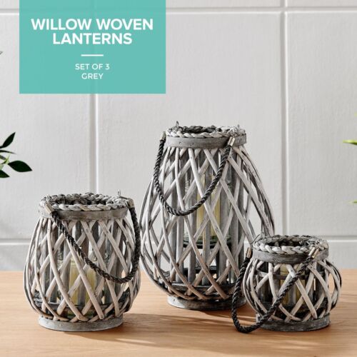 Wicker Willow Candle Lantern Rope Basket Rustic Weave Natural Grey Hanging 3Pcs - Picture 2 of 11